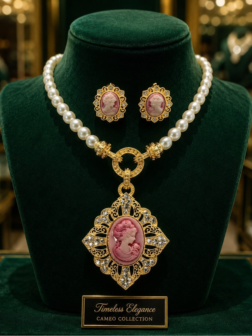 Gorgeous Pearls and Cameo Austrian Crystals Cameo Necklace and Earrings